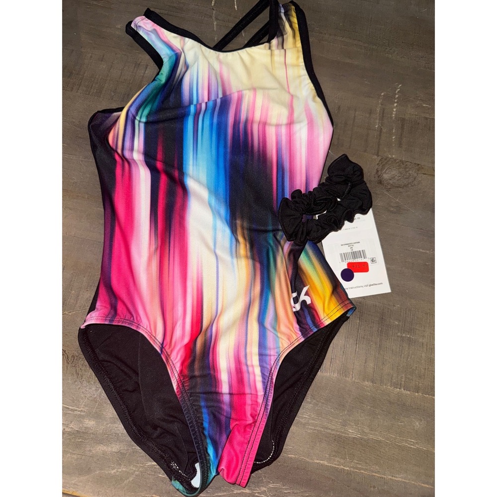 GK Elite Girls Gymnastics Leotard Rainbow Digital Blur Black DST142 CM NWT